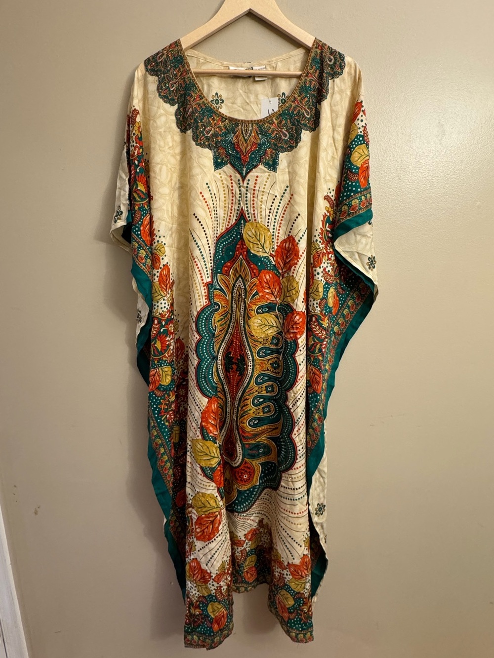 Moomoo Glitter Bohemian Floral Print Caftan Dress - Cream & Teal -NWT One Size